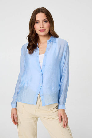 Blue |  Long Sleeve Button Front Shirt : Model is 5'9