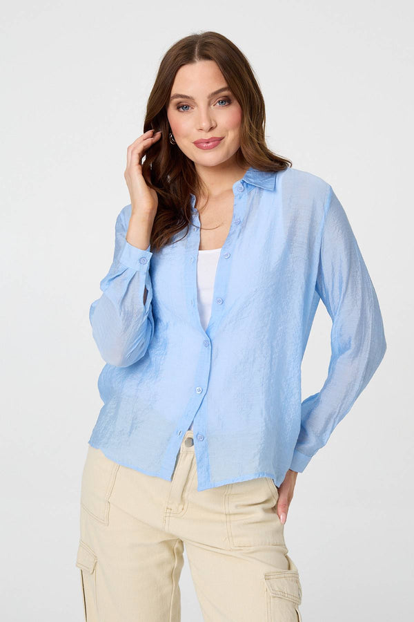 Blue | Semi Sheer Layered Long Sleeve Shirt