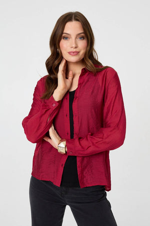 Burgundy | Long Sleeve Button Front Shirt  : Model is 5'9