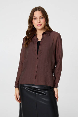 Brown | Long Sleeve Button Front Shirt : Model is 5'9