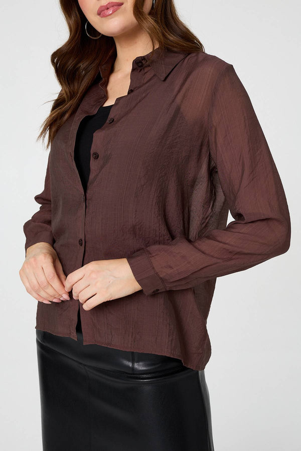 Brown | Semi Sheer Layered Long Sleeve Shirt