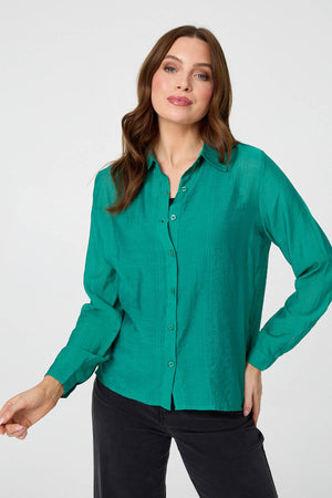 Green | Long Sleeve Button Front Shirt : Model is 5'9