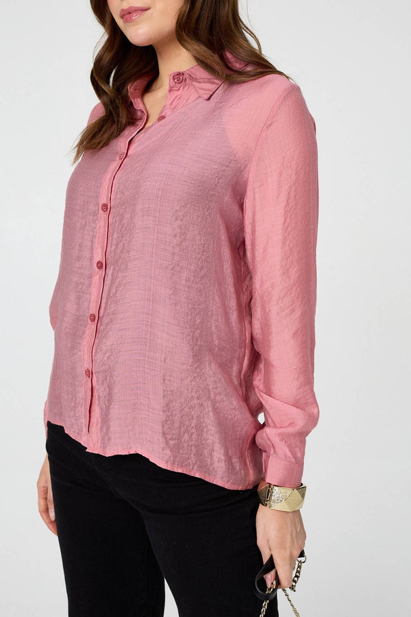 Pink | Semi Sheer Layered Long Sleeve Shirt