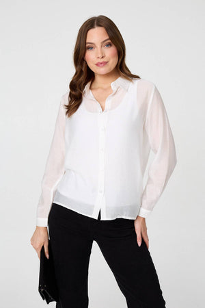 White | Long Sleeve Button Front Shirt : Model is 5'9