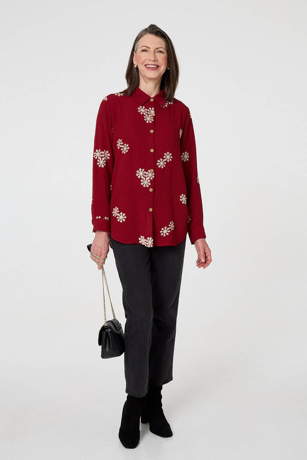 Burgundy | Snowflake Embroidered Long Sleeve Shirt
