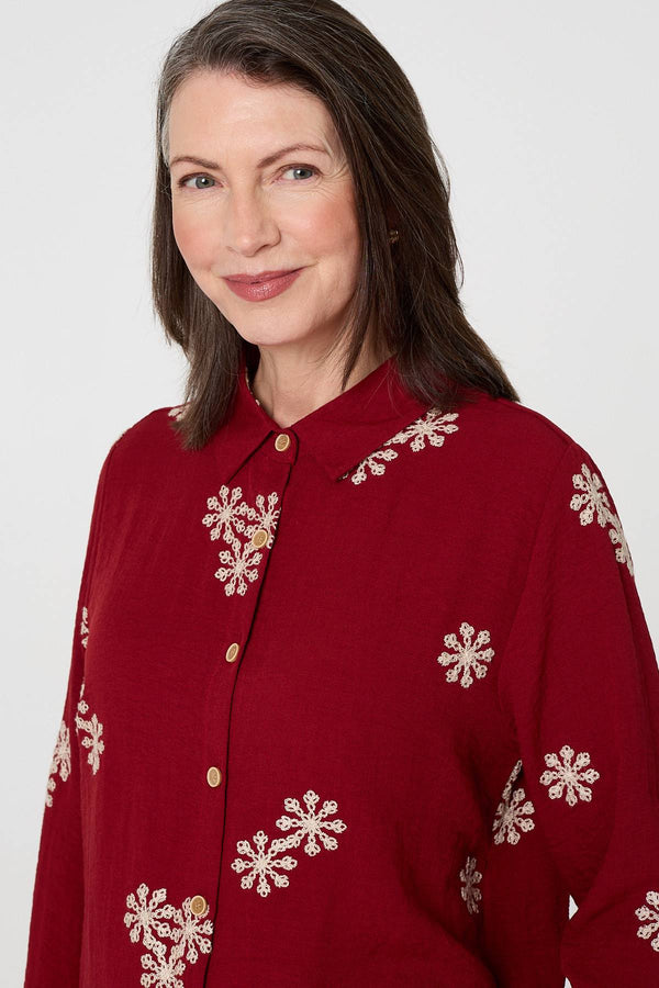 Burgundy | Snowflake Embroidered Long Sleeve Shirt
