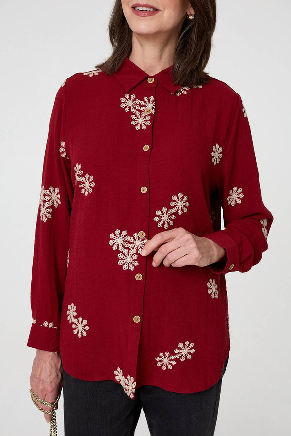 Burgundy | Snowflake Embroidered Long Sleeve Shirt
