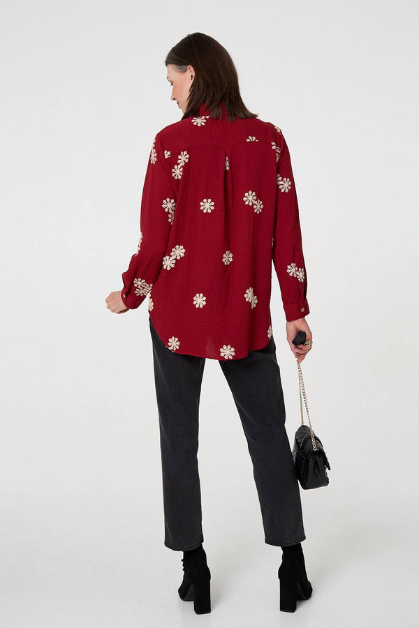 Burgundy | Snowflake Embroidered Long Sleeve Shirt
