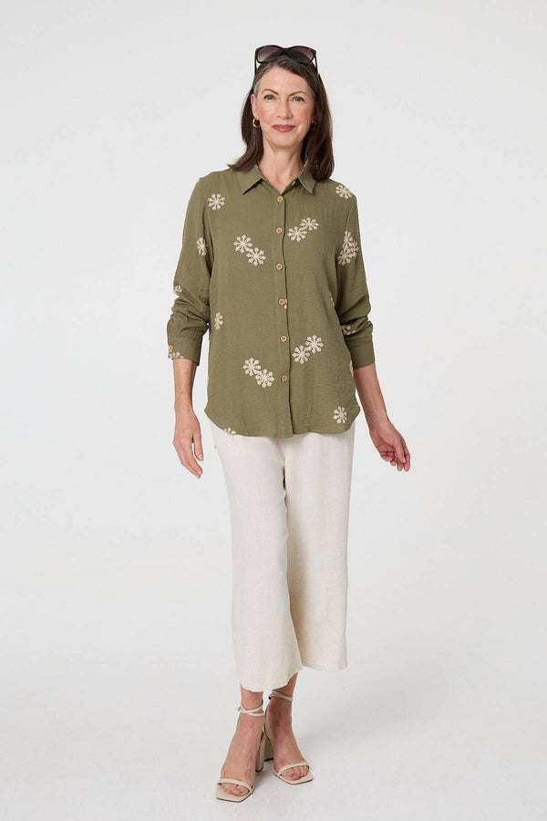 Khaki | Snowflake Embroidered Long Sleeve Shirt
