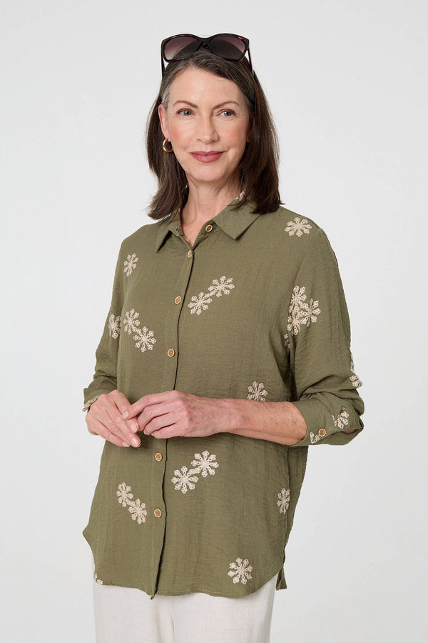 Khaki | Snowflake Embroidered Long Sleeve Shirt : Model is 5'8"/172 cm and wears UK10/EU38/US6/AUS10