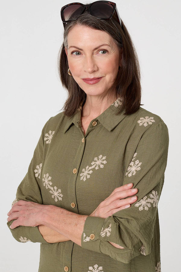 Khaki | Snowflake Embroidered Long Sleeve Shirt
