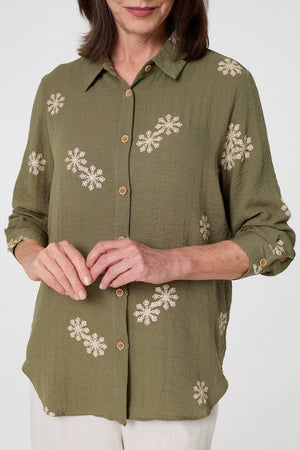 Khaki | Snowflake Embroidered Long Sleeve Shirt
