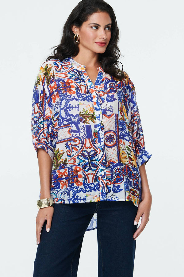 White | Abstract Relaxed 3/4 Sleeve Blouse