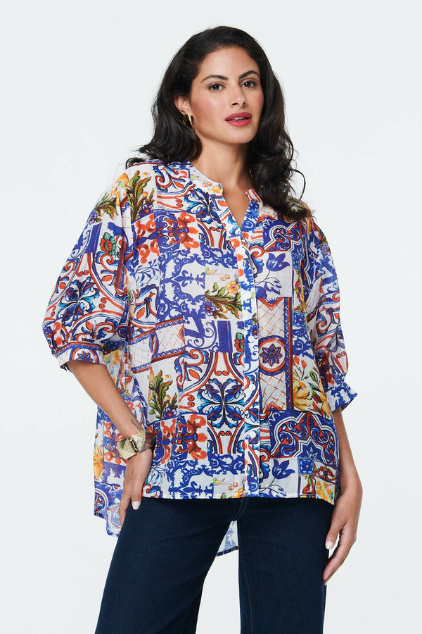 White | Abstract Relaxed 3/4 Sleeve Blouse