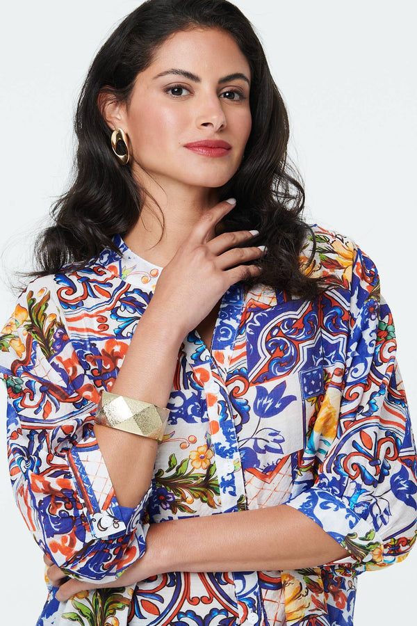 White | Abstract Relaxed 3/4 Sleeve Blouse
