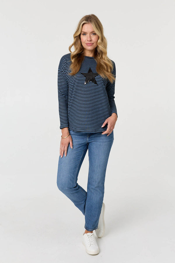 Blue | Striped Sequin Detail Long Sleeve Top
