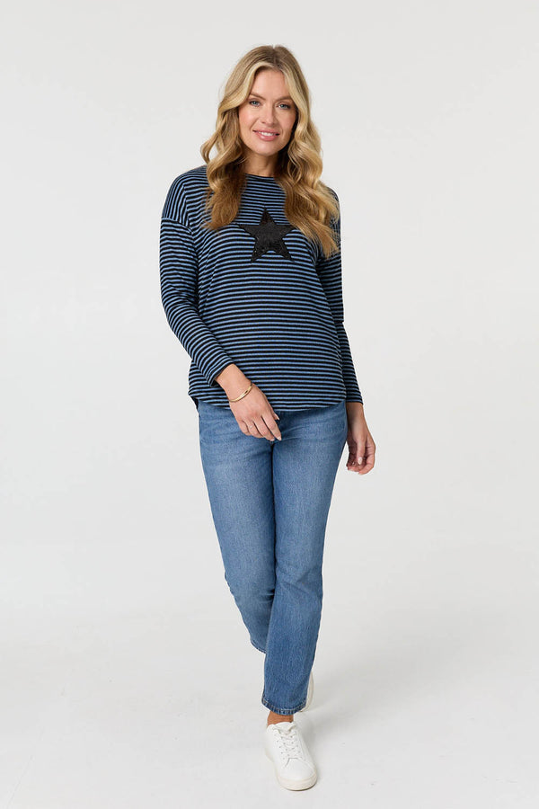Blue | Striped Sequin Detail Long Sleeve Top
