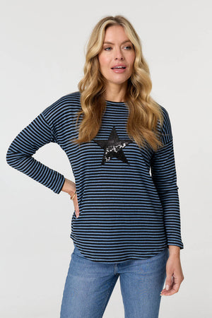 Blue | Striped Sequin Detail Long Sleeve Top : Model is 5'10