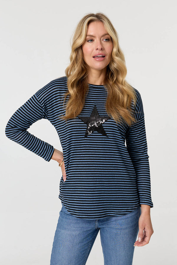 Blue | Striped Sequin Detail Long Sleeve Top

