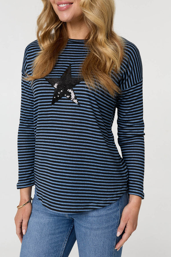 Blue | Striped Sequin Detail Long Sleeve Top
