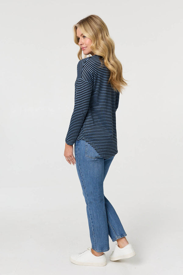 Blue | Striped Sequin Detail Long Sleeve Top
