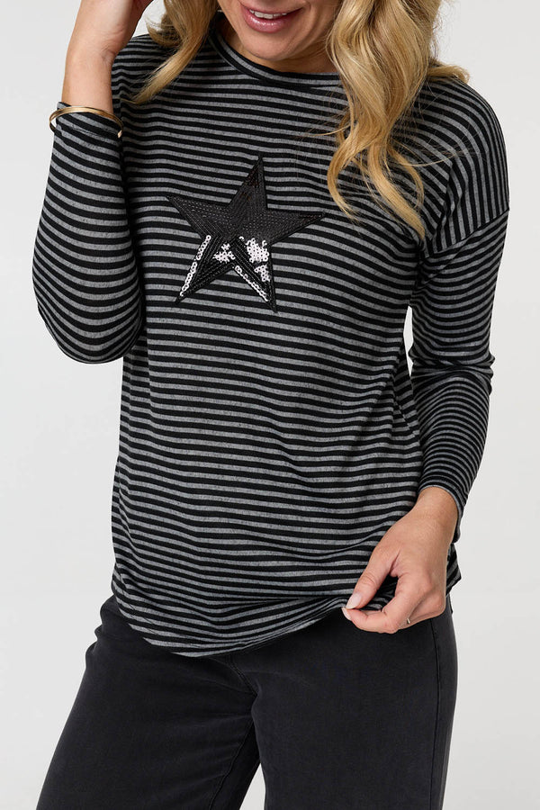 Grey | Striped Sequin Detail Long Sleeve Top
