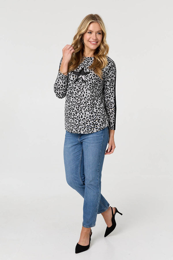 Grey | Animal Print Sequinned Long Sleeve Top