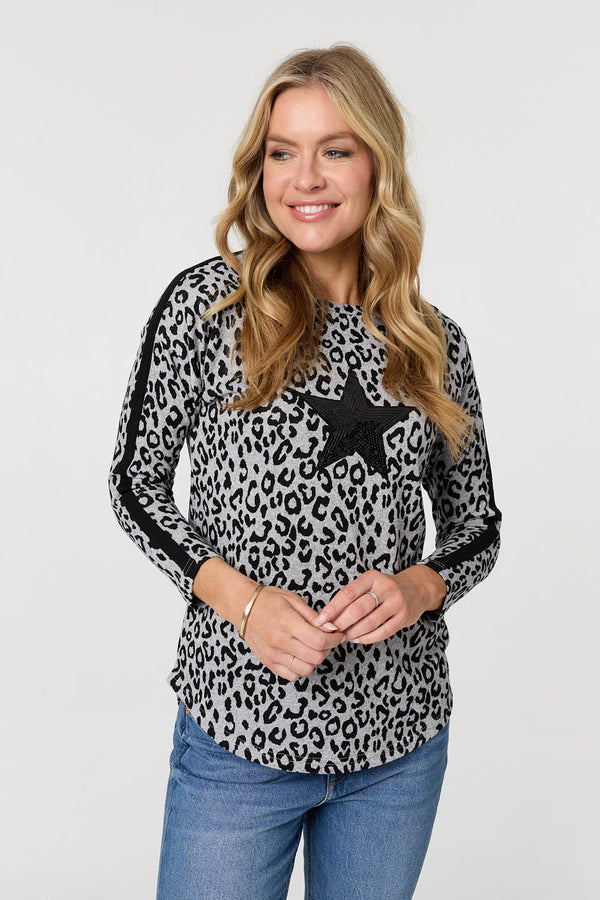 Grey | Animal Print Sequinned Long Sleeve Top