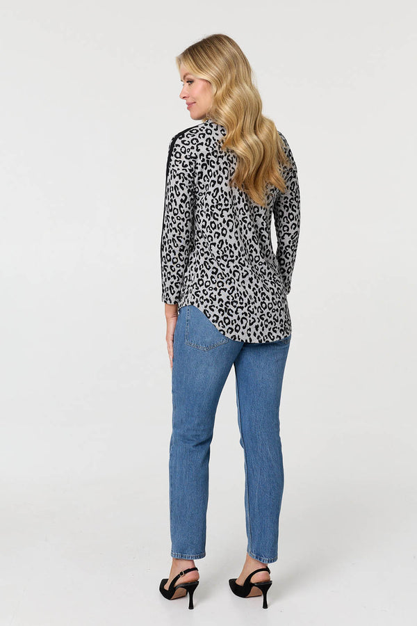 Grey | Animal Print Sequinned Long Sleeve Top