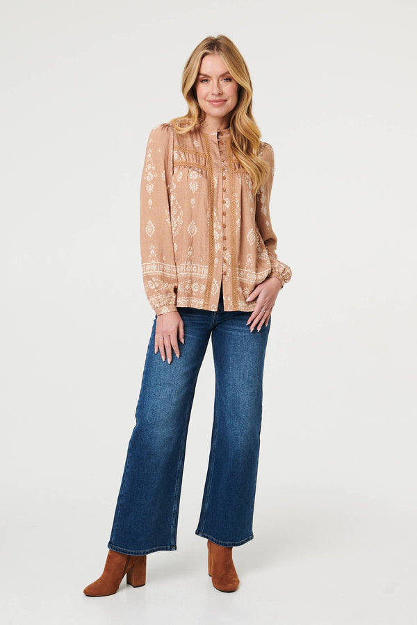 Beige | Printed Lace Trim Long Sleeve Blouse
