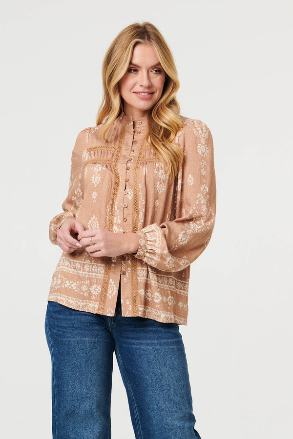 Beige | Printed Lace Trim Long Sleeve Blouse
