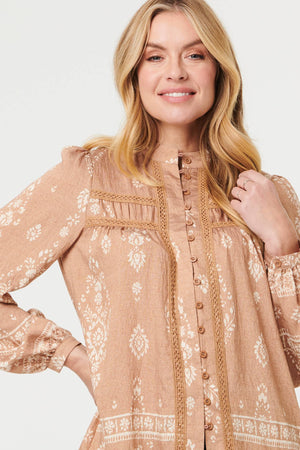 Beige | Printed Lace Trim Long Sleeve Blouse
