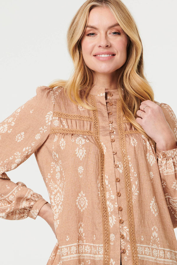 Beige | Printed Lace Trim Long Sleeve Blouse
