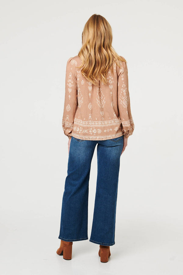Beige | Printed Lace Trim Long Sleeve Blouse
