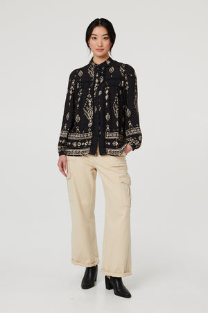 Black | Printed Lace Trim Long Sleeve Blouse
