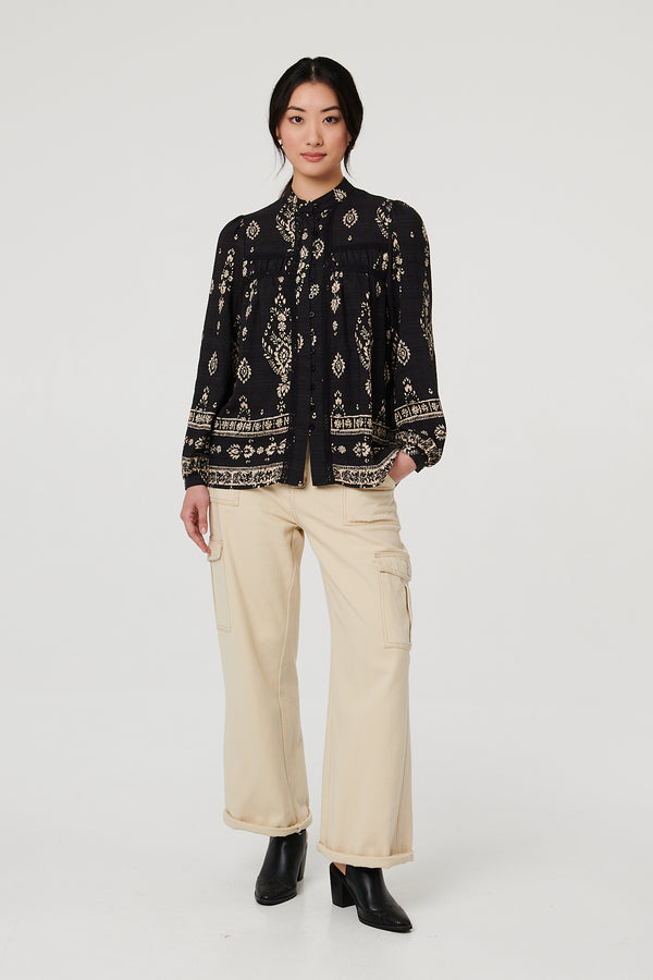Black | Printed Lace Trim Long Sleeve Blouse

