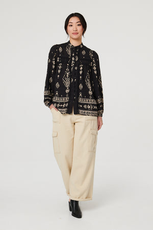 Black | Printed Lace Trim Long Sleeve Blouse
