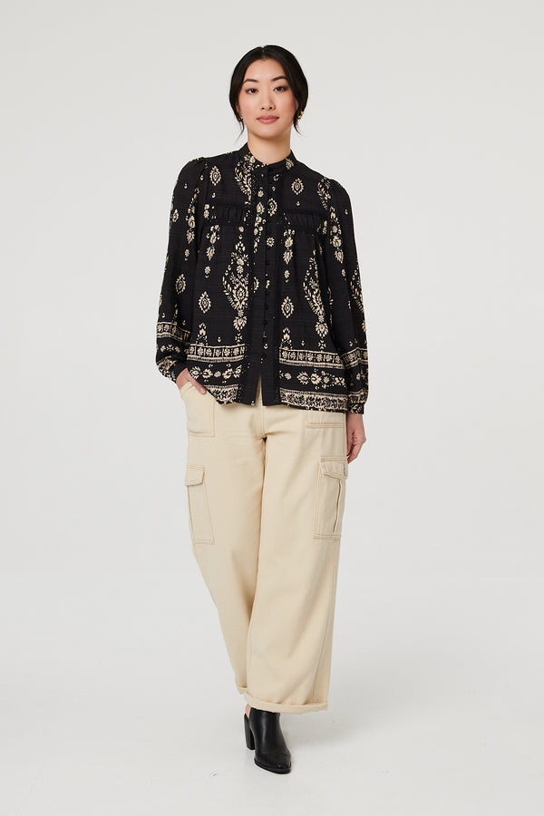 Black | Printed Lace Trim Long Sleeve Blouse
