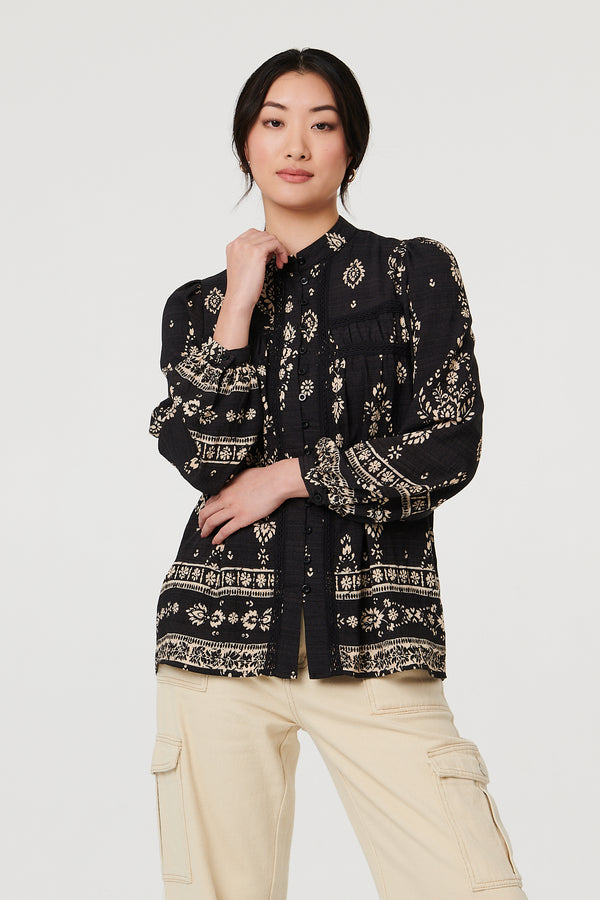 Black | Printed Lace Trim Long Sleeve Blouse : Model is 5'9"/175 cm and wears UK8/EU36/US4/AUS8
