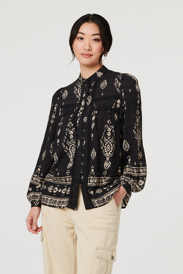 Black | Printed Lace Trim Long Sleeve Blouse
