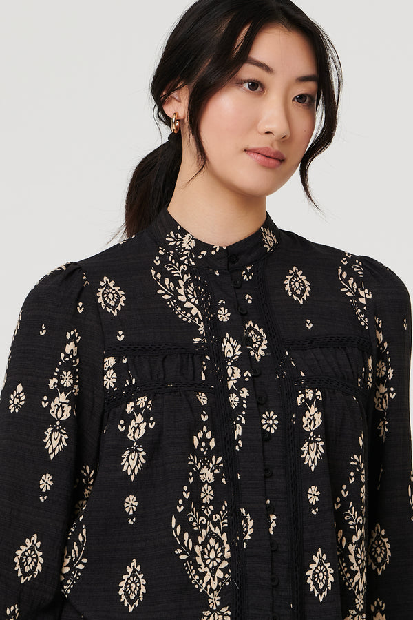 Black | Printed Lace Trim Long Sleeve Blouse
