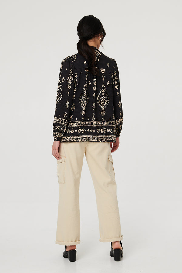 Black | Printed Lace Trim Long Sleeve Blouse
