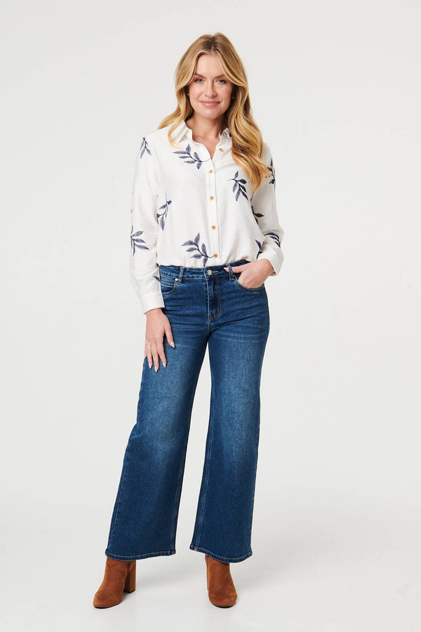 White | Leaf Embroidered 3/4 Sleeve Shirt
