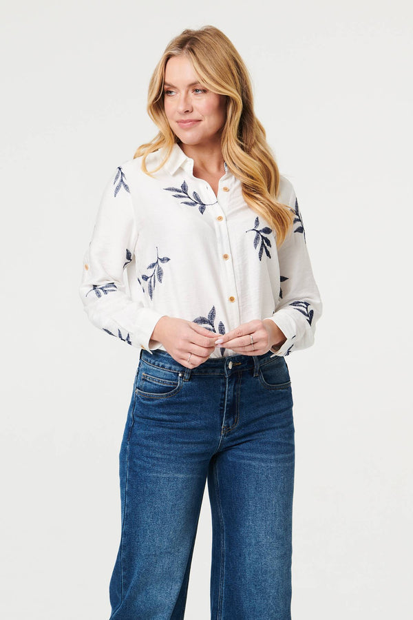 White | Leaf Embroidered 3/4 Sleeve Shirt