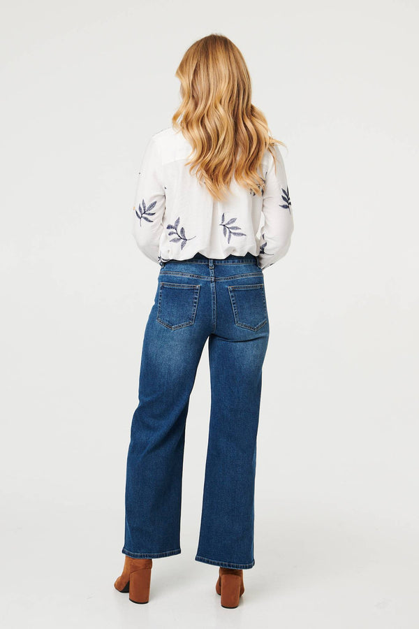 White | Leaf Embroidered 3/4 Sleeve Shirt