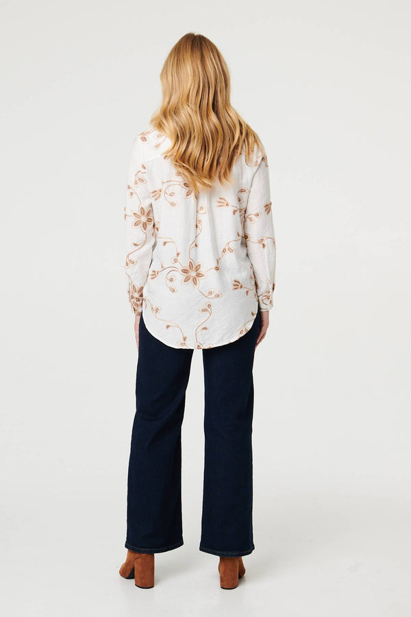 White | Floral Textured Long Sleeve Shirt