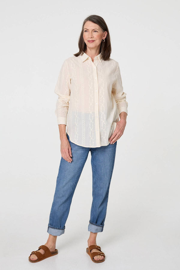 White | Embroidery Textured Long Sleeve Shirt