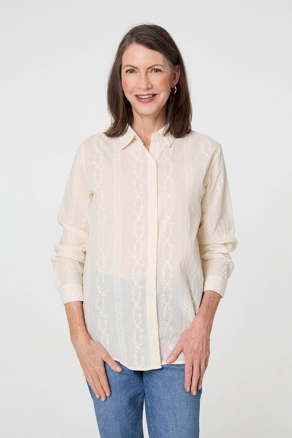 White | Embroidery Textured Long Sleeve Shirt