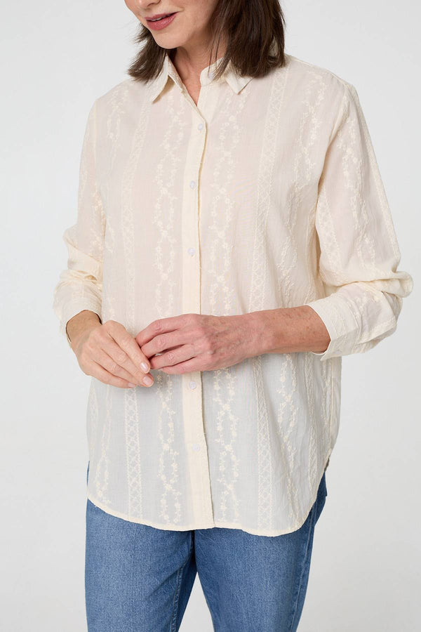 White | Embroidery Textured Long Sleeve Shirt