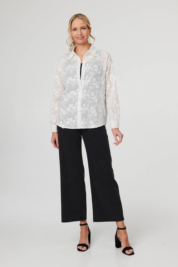 White | Floral Lace Embroidered Semi Sheer Shirt
